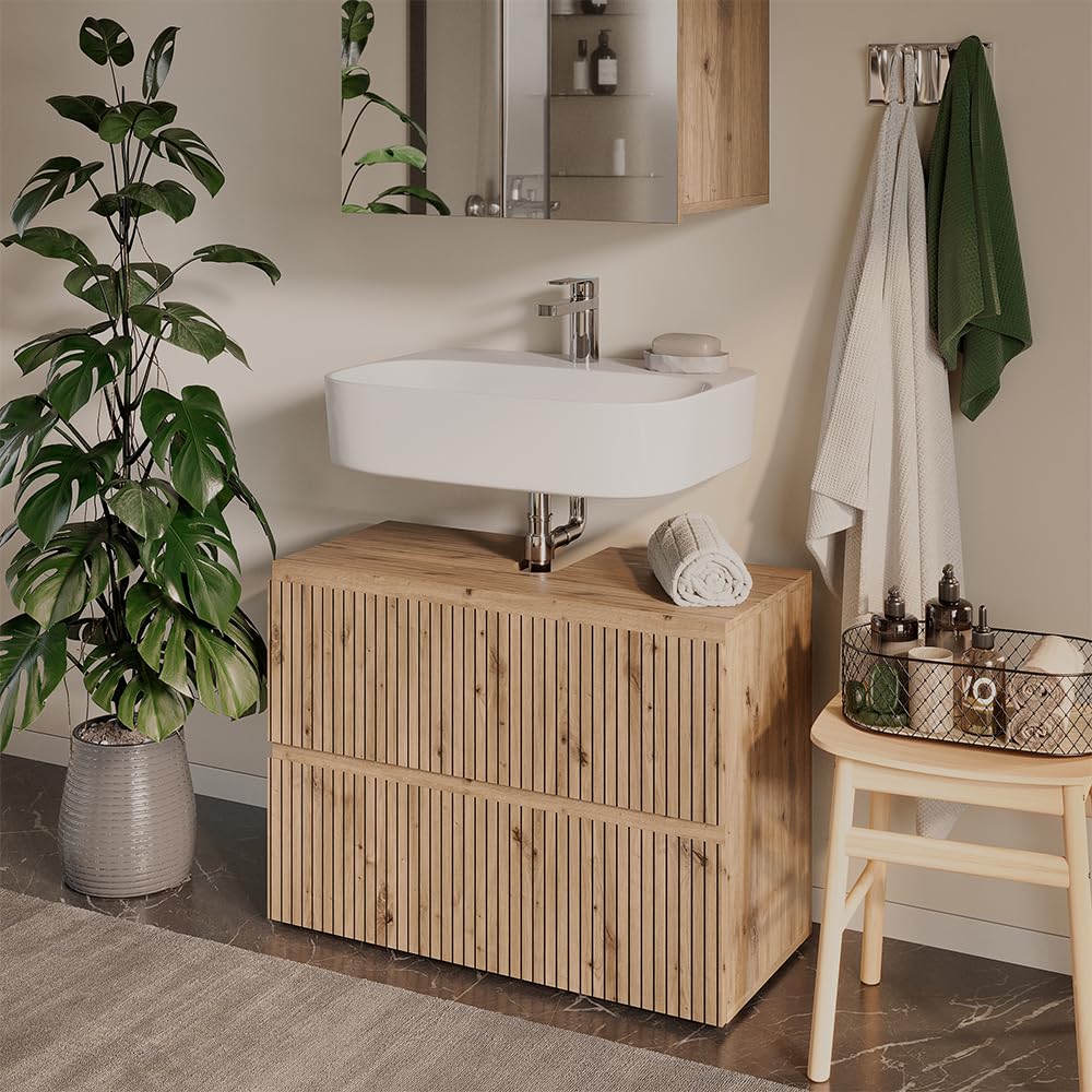 Vicco Meuble sous Vasque Simple Takumi, Artisan, 80x58cm avec 2 tiroirs, pour Le Rangement et l’Organisation des Accessoires de Salle de Bain