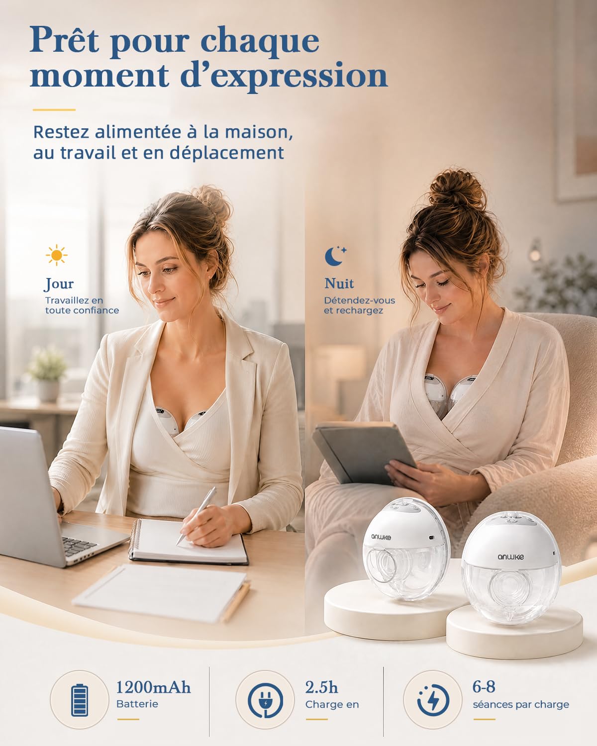 ANWIKE K10 Tire lait electrique mains libres, 4 modes, 20 niveaux | 1200mAh, téterelle 27 mm, Tire lait nomade mains libres jusqu’à 320 mmHg, faible bruit, base verticale(Blanc, 2 unités)