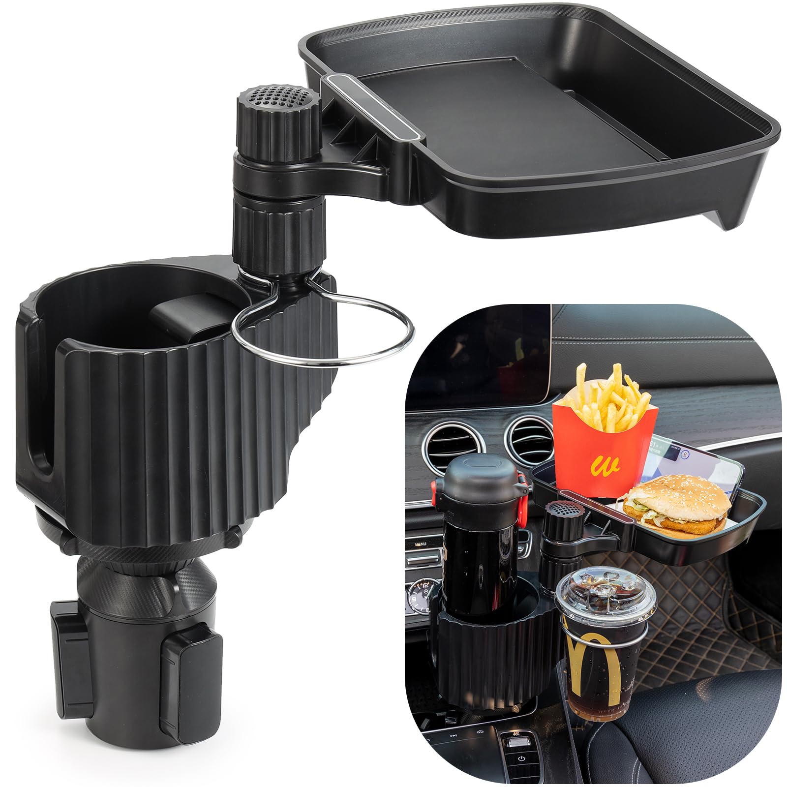 Sancaral Large Car Cup Holder Expander, 4-in-1 Cupholder Extender with Swivel Food Tray Table for Eating, Travel Essentials for Road Trips for Driver.