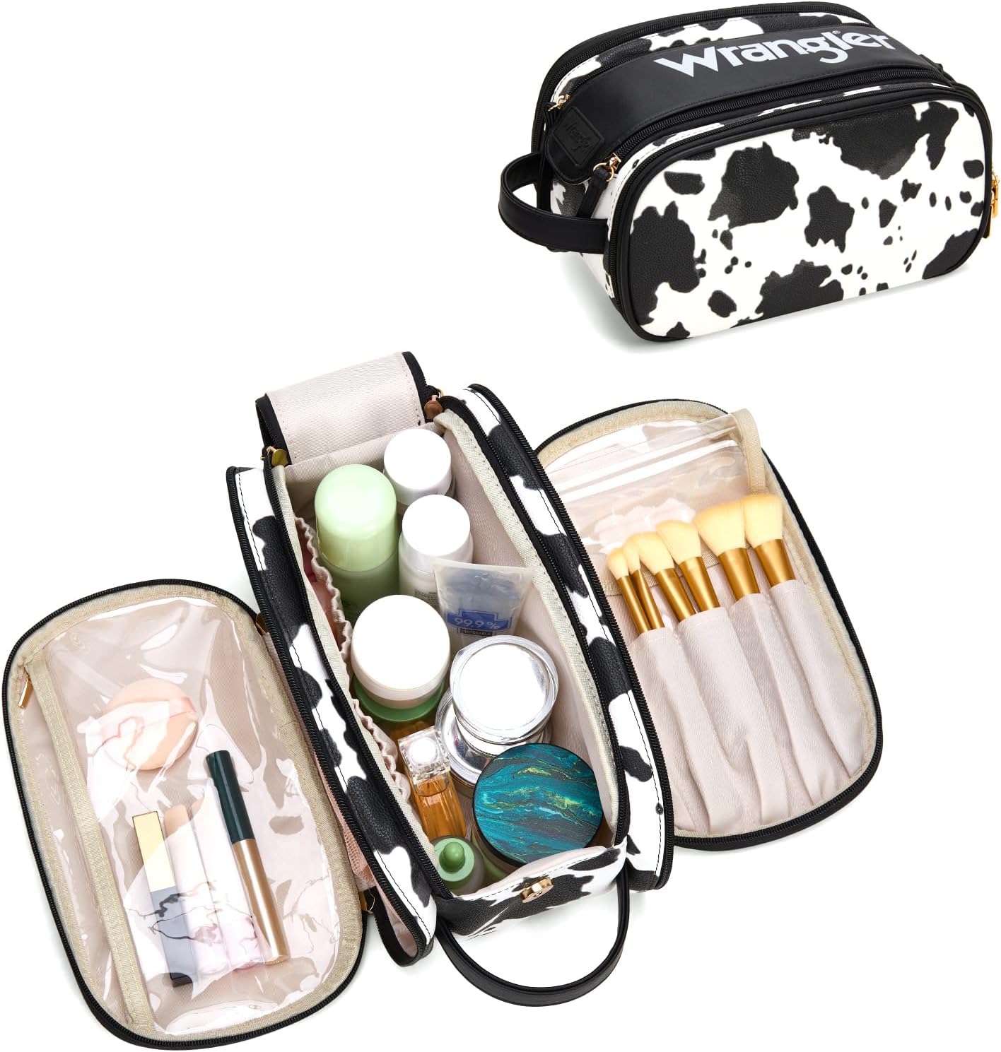 Montana West X Wrangler Large Makeup Bag Travel Toiletry Bag Portable Cosmetic Bag Make Up Organizer with Divider and Handle for Women Cowprint