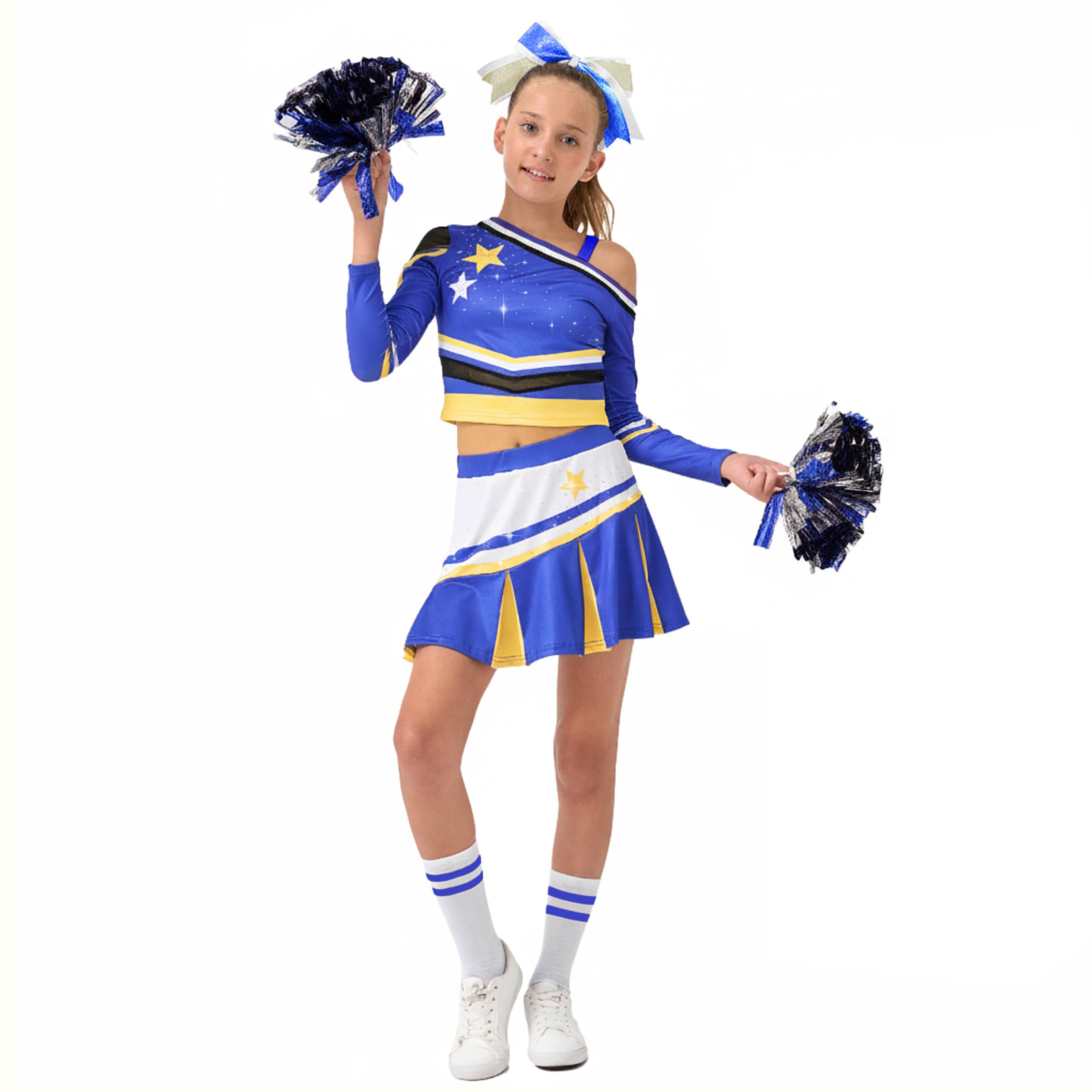 LOLANTA Girls Sparkly Cheerleader Costume with Pom Poms, Hair Bow & Socks, Fancy Dress Outfit, blue, 5-6 Years, 120