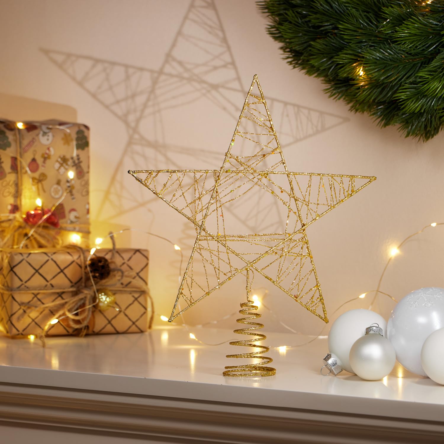 COM-FOUR® Deco Star Christmas - Estrella de decoración navideña de Metal - Poinsettia de pie con Purpurina y Lentejuelas - Copa de árbol de Navidad Dorada (dorado/27cm)
