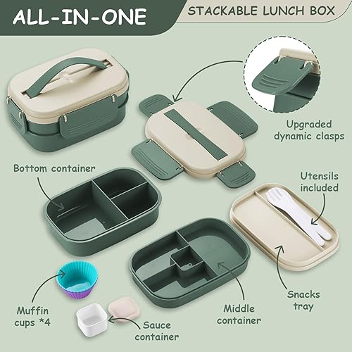 Miniatura 5 de QQKO Lonchera Bento para adultos, 3 contenedores apilables para adultos, caja Bento para niños, recipientes de comida de 64.2 fl oz, a prueba de