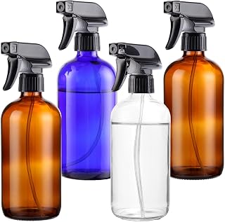 Empty Glass Spray Bottles 16oz for Cleaning, Plants, Pets, Essential Oils, Air Freshener, Durable Black Trigger Sprayer with Stream and Mist Settings (16oz X 4, Amber+Blue+Clear)