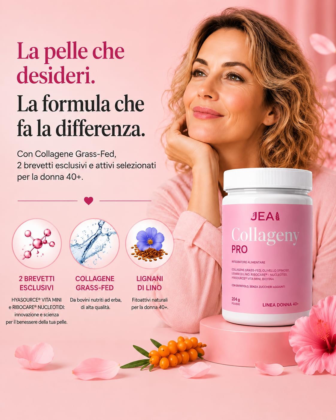 JEA Collageny Pro Collagene Idrolizzato Grass Fed in Polvere con 2 Brevetti Esclusivi Hyasource Vita-Mini® Acido Ialuronico e Ribocare® Nucleotidi, Senza Zuccheri Aggiunti