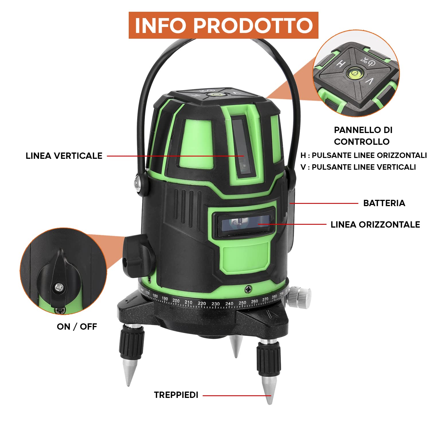 Mediawave Store - Livella Laser Autolivellante 360°, Multilinea Verticale, Orizzontale, Raggio Verde, Ricaricabile, Livella Laser Autolivellante 360°