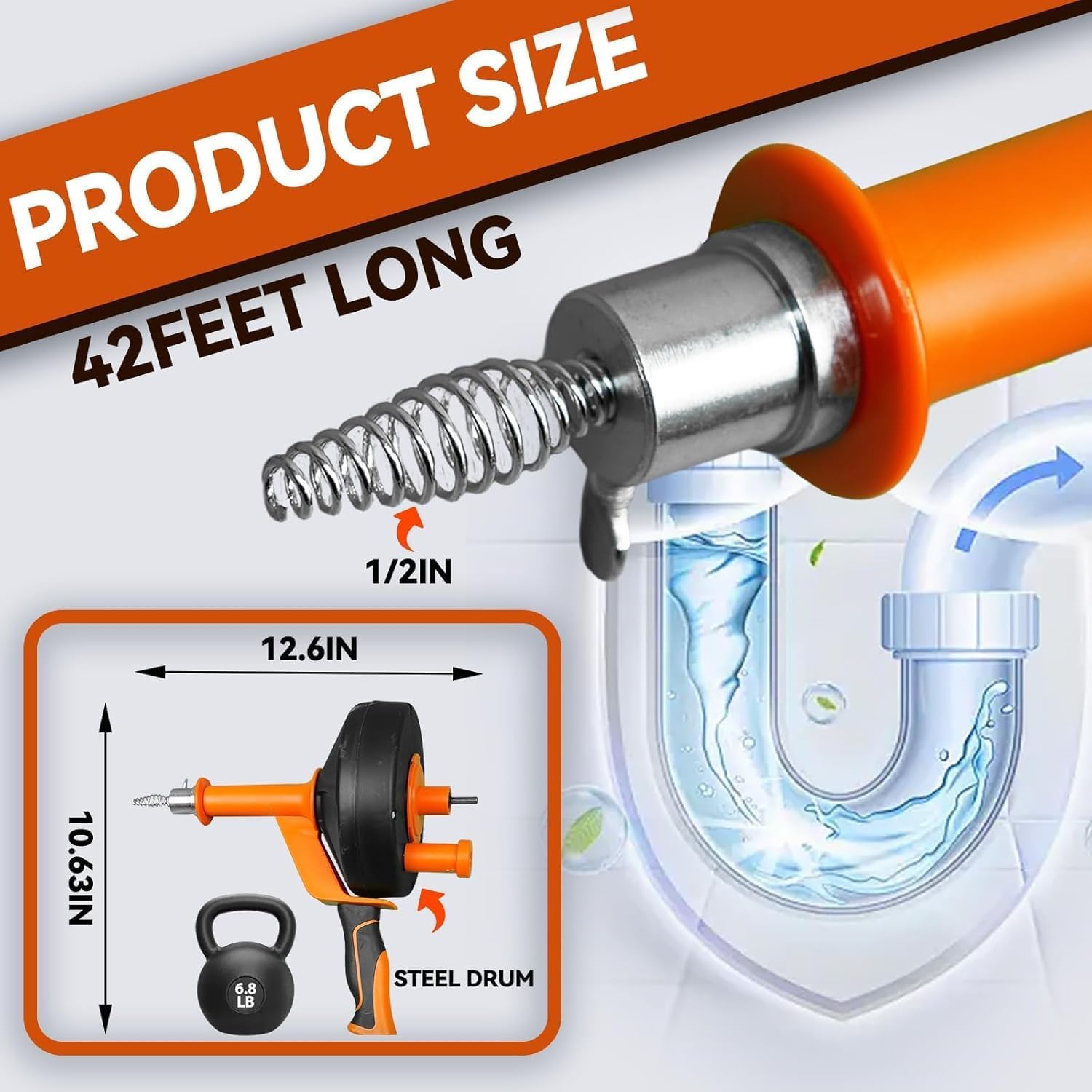 NBYTLT 42Ft Drain Auger, Drain Snake with Drill Bit Adapter and Flexible Hose, with Gloves and Storage Bag, Manual Dual-use Plumbing Snake Suitable for Kitchen, Bathroom — view 2