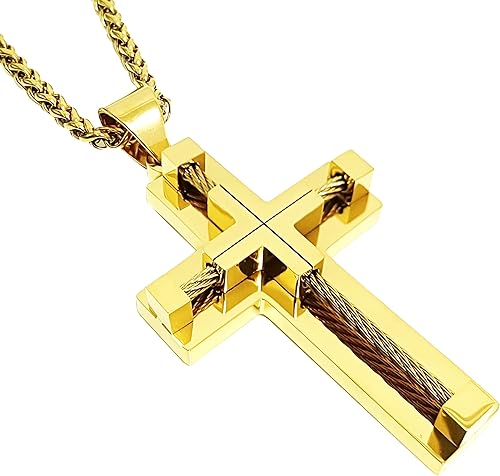 Vividstill Collar de cruz para hombre, colgante de cruz de acero inoxidable con cadena de 24 pulgadas, gran regalo de cruz cristiana para hombres y