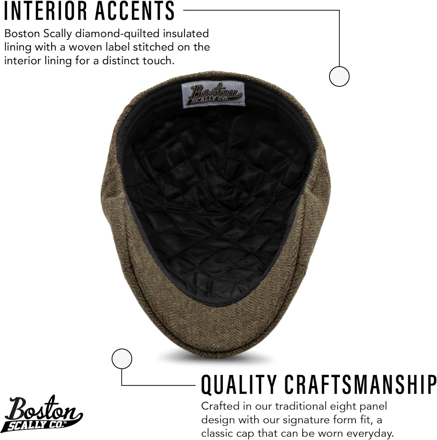 The Original Boston Scally Cap - Insulated Peaky Newsboy Flat Cap - 8 Panel Poly Wool Fitted Hat for Men