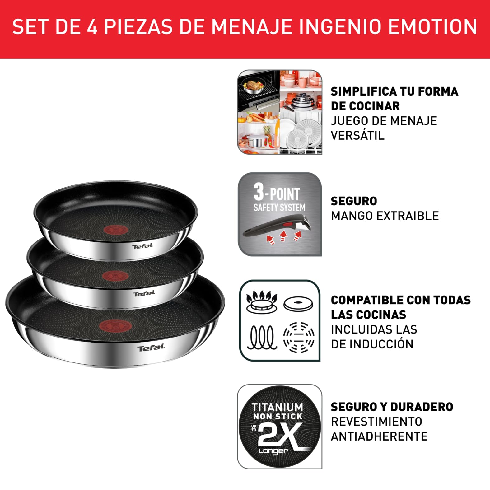 Tefal Ingenio Emotion, Juego de 3 sartenes 22/24/28 cm + mango extraíble, Apilables, Antiadherente, Thermo Signal, Aptas para inducción y horno