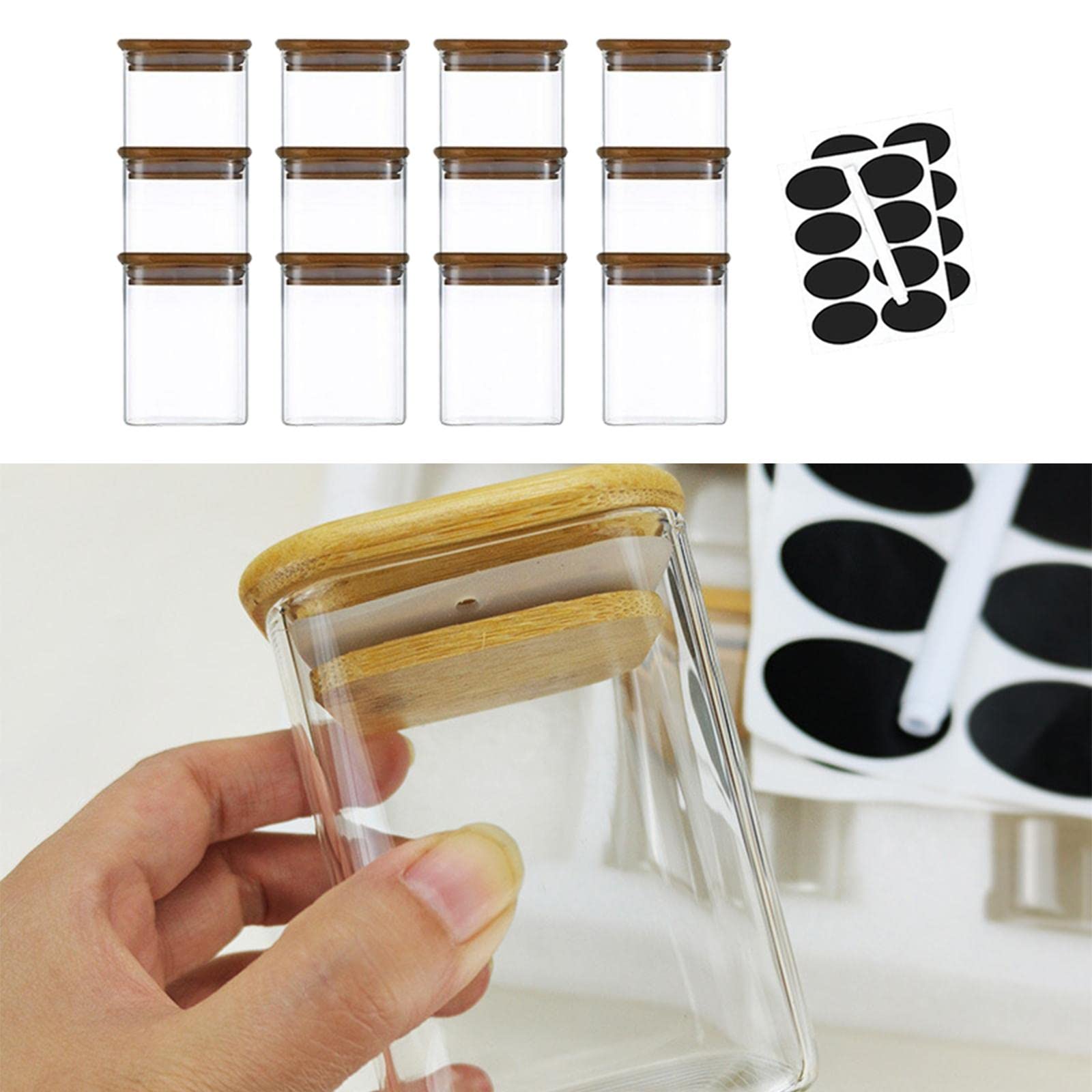 Set di 12 contenitori in vetro con guarnizione in sughero, contenitori per alimenti in vetro borosilicato per cucina, dispensa, spezie, tè e alimenti secchi