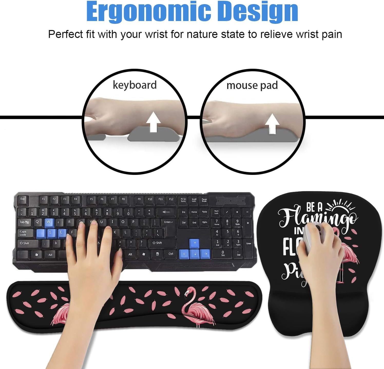 Mouse Pad Wrist Support and Keyboard Wrist Rest Set with Coasters, Inspirational Quote Be a Flamingo in a Flock Pigeons with Non-Slip PU Base Ergonomic Mousepad for Computer Laptop Home Office