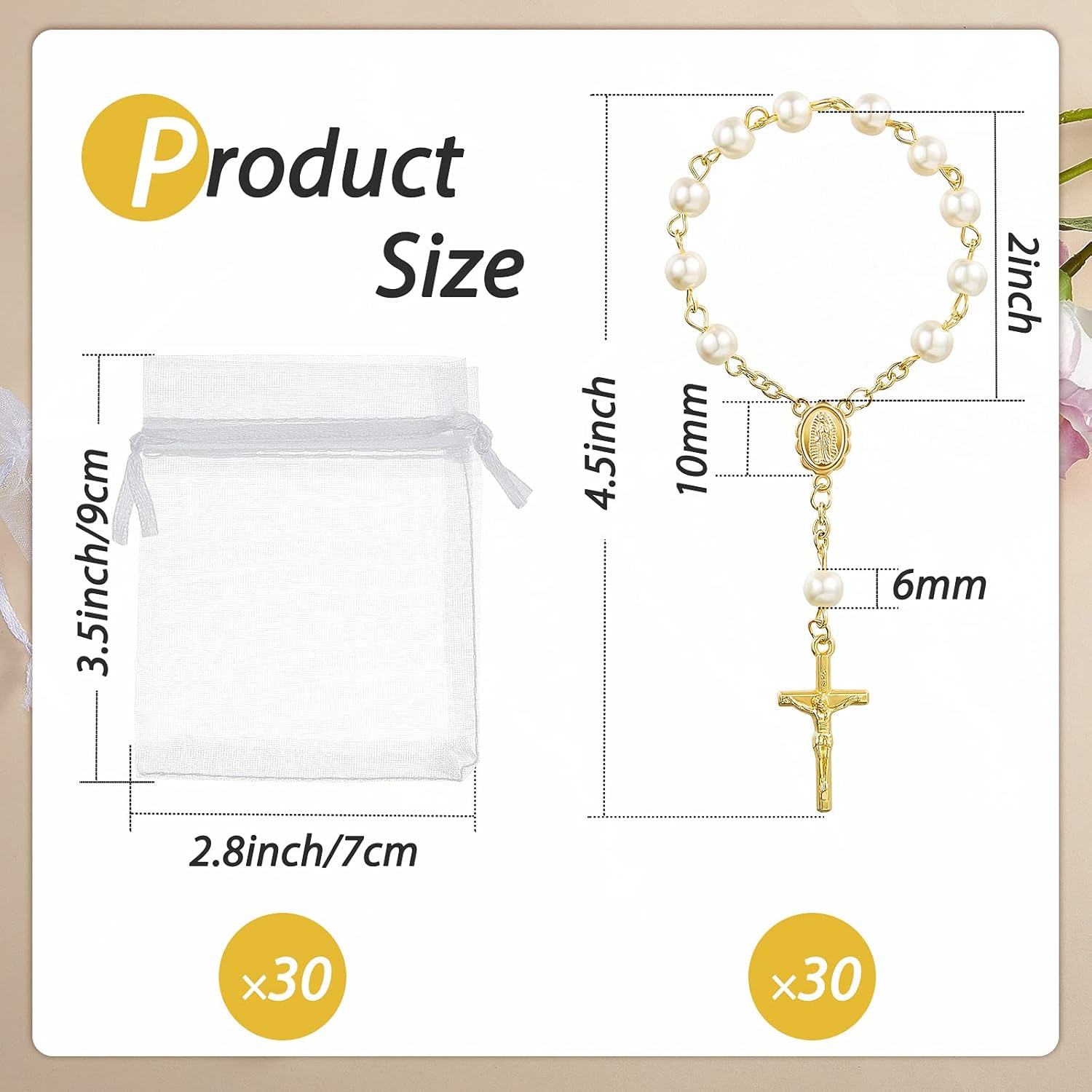Junkin 30 Pieces Baptism Rosary Acrylic Rosary Beads Ivory Color Mini Finger Baptism Rosaries Gold Plated Faux Pearls with Organza Bags for Christening Weddings Party Favors