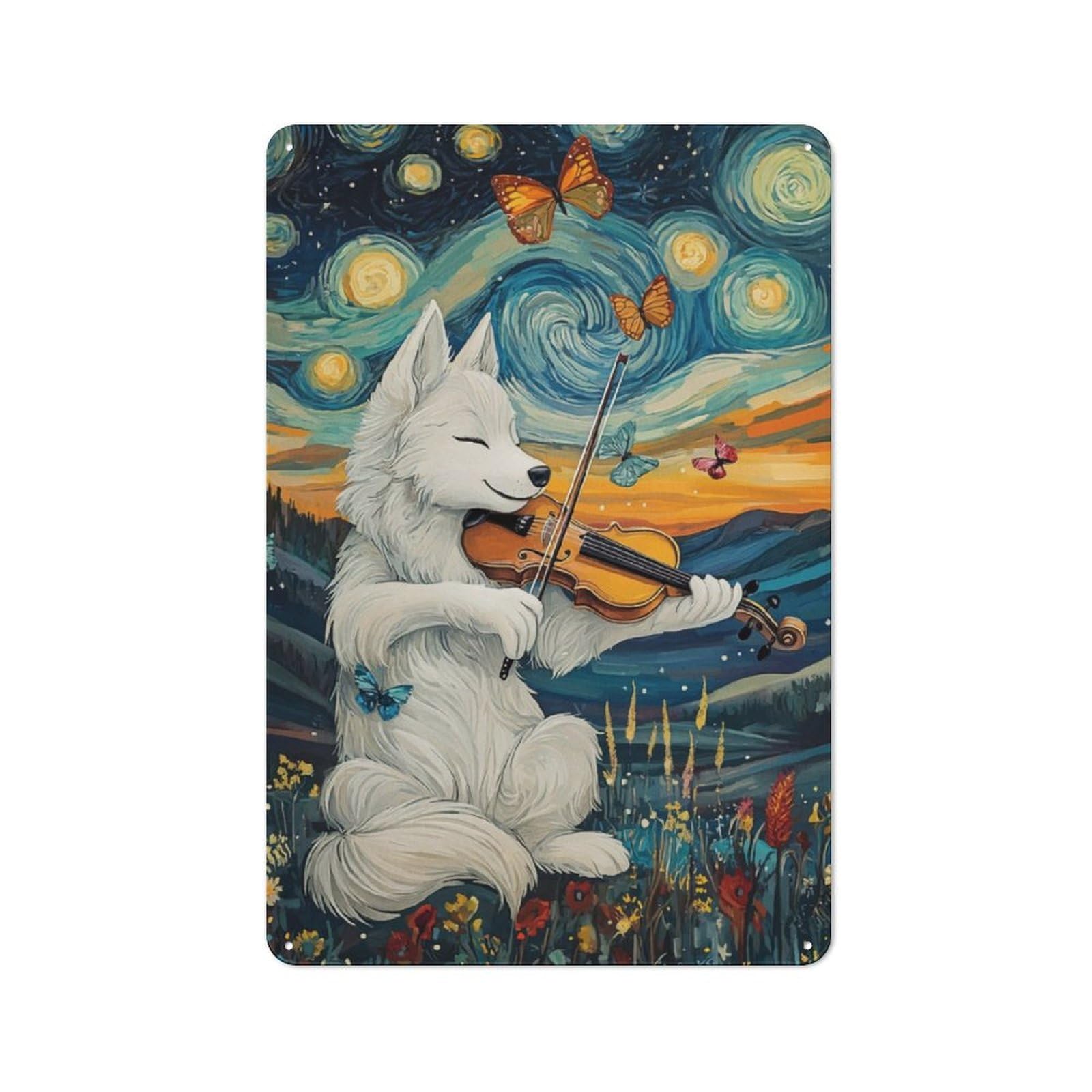 Understated Office Metal Sign 30x20cm Featuring Wolf Playing Violin, Studio Wall Plaque for Office, Study, Studio Or Hallway