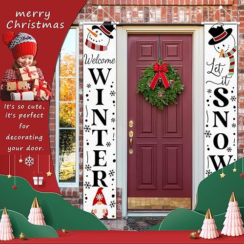 Miniatura 5 de Decoración navideña con texto en inglés "Welcome Winter & Let it Snow", letrero de porche de gnomo, muñeco de nieve, pancarta azul colgante de