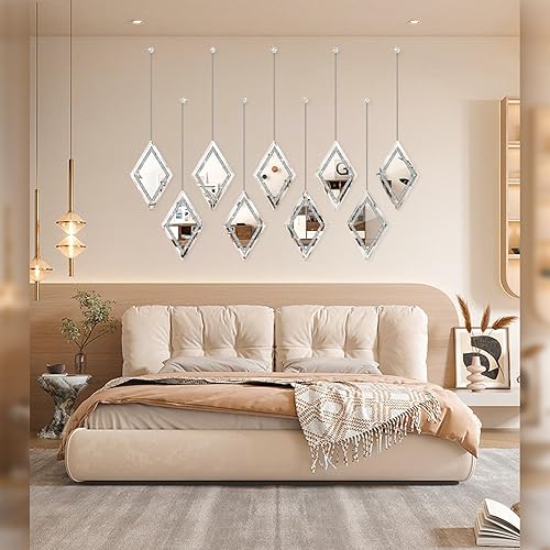 Miniatura 3 de Zamsion Diamond Decorative Wall Mirror, Set of 6, Wall Mounted Hanging Chain Frameless Crushed Diamond Mirror for Home Decor Bathroom Bedroom Living