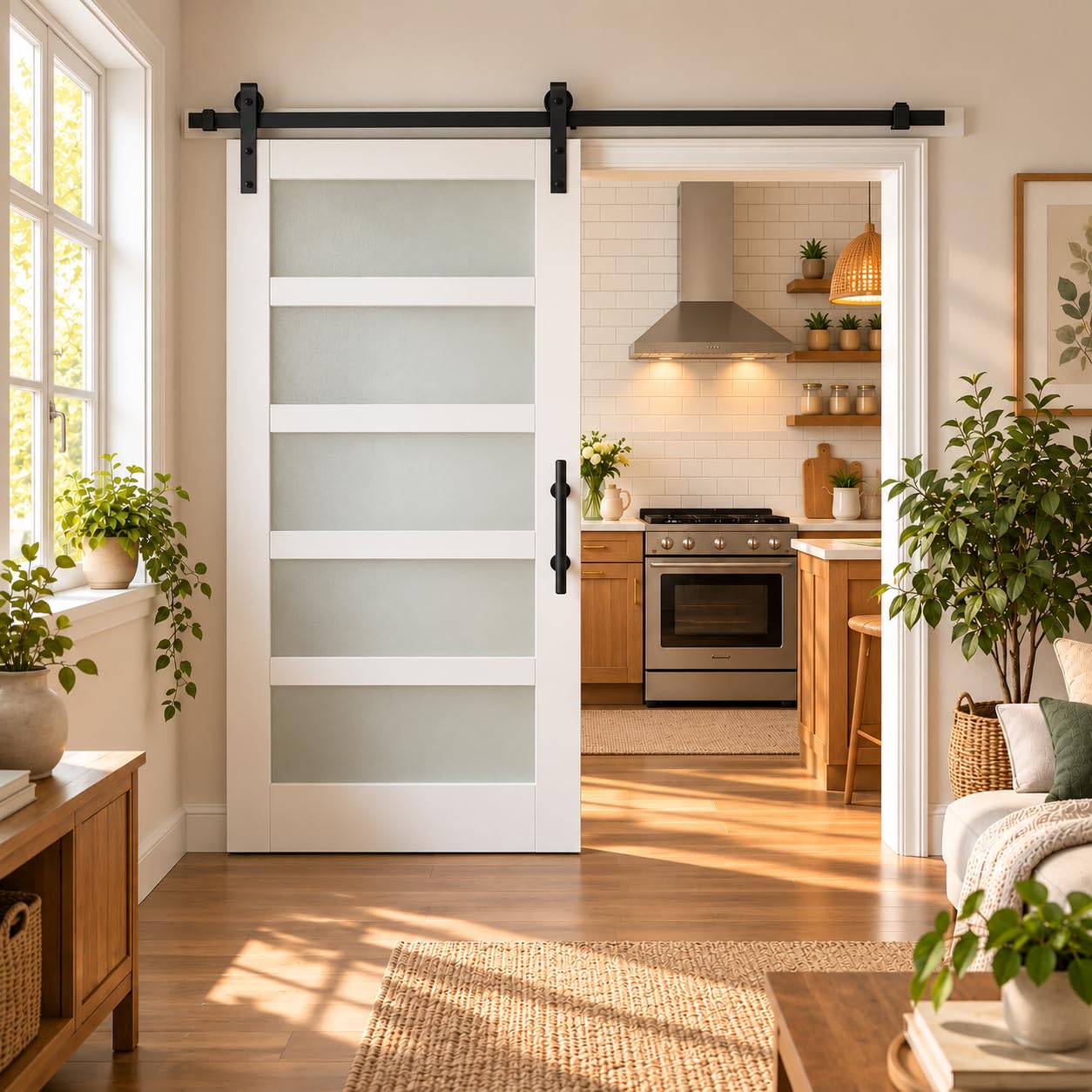 S&amp;Z TOPHAND® 44in x 80in Glass Sliding MDF Barn Door with Sliding Door Hardware Kit, 5 Tempered Frosted Glass, Slab Inside Covered with Water-Proof PVC Surface, Simple DIY Assembly