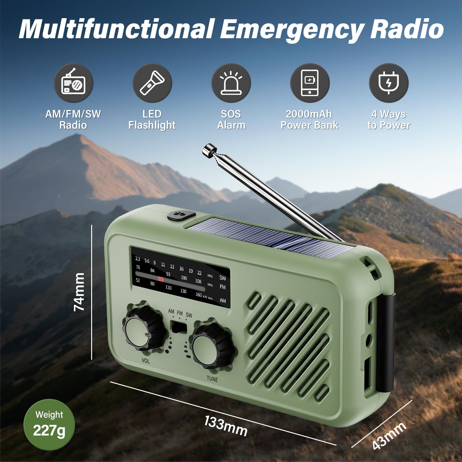 Radio Portatil Pequeña de Emergencia, Am/FM/SW Radio a Pilas y Solar con Manivela, Recargable Radios Meteorológica Multiusos de Dinamo con Linterna LED con 2000mAh Powerbank SOS Alarma