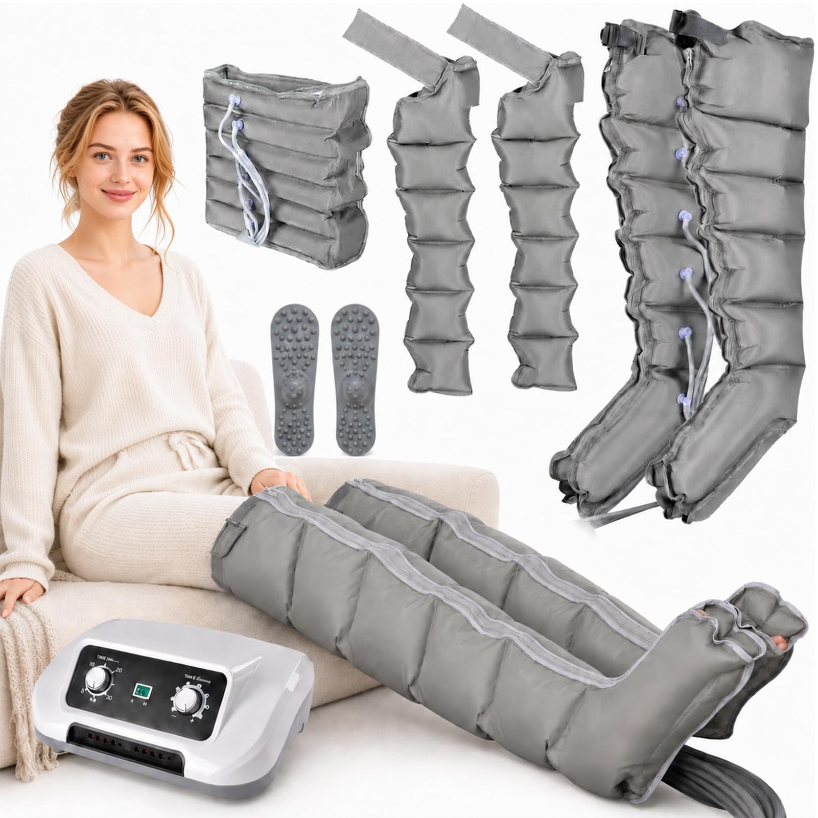 SXSLTSA Pressotherapy and Lymphatic Drainage, 6-Cavity Pressotherapy Boots, Electric Air Compression Massager Machine, Lymphoedema Treatment for Legs, Lymphedema Pump (Grey, 2legs+2arms+1waist)