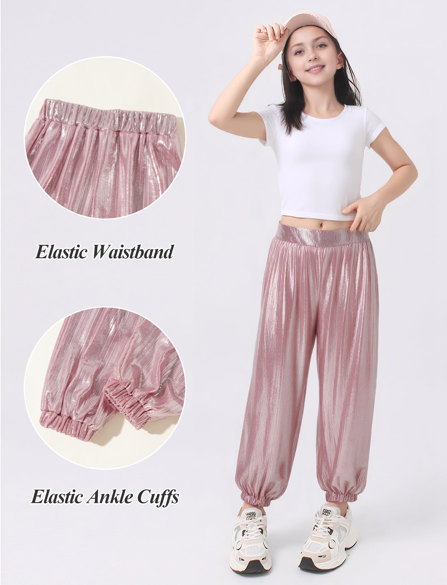 SEAUR Pantaloni lucidi per bambini e bambine, Hip Hop, pantaloni da danza metallici, per festival, ballo, streetwear 110 – 160 = (EU 104 – 158)