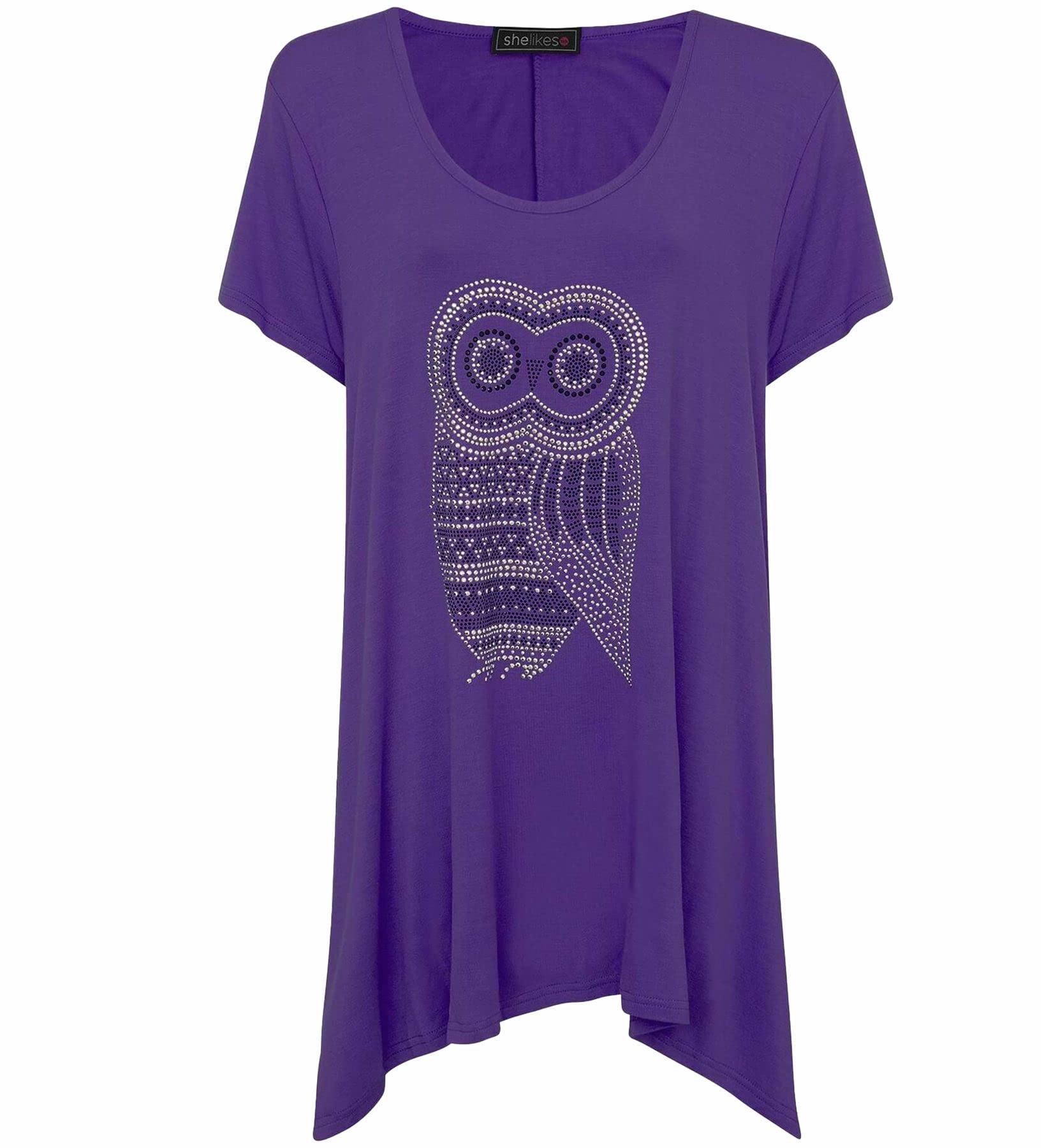 GOSTYLES® Womens Owl Diamante Studded Hanky Hem Top, Ladies Short Sleeve Sparkly Blouse T-Shirt, Uneven Hem Oversized Casual Evening Tunic Top (Purple, 16)