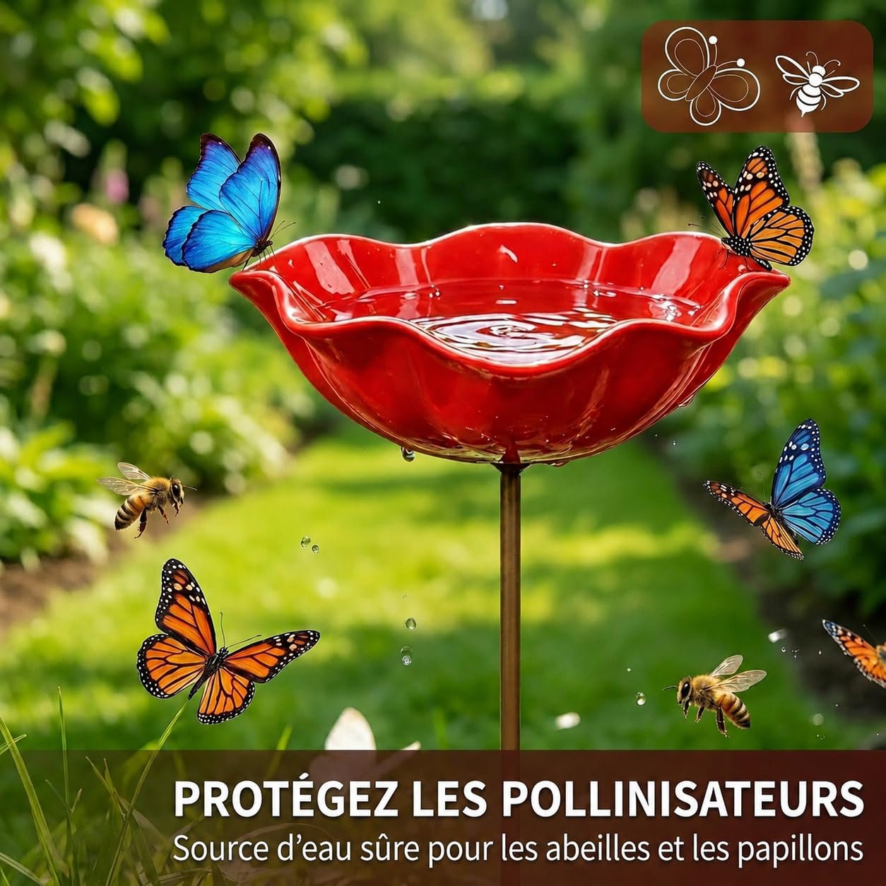 Bain d'oiseaux,Abreuvoir pour Oiseaux d'Extérieur Forme de Fleur,Mangeoire Oiseaux d'Extérieur avec Socle,pour Oiseaux et Abeilles,Piquet métallique,Alimentation et Abri pour Oisea (Rouge,Jaune,Bleu)