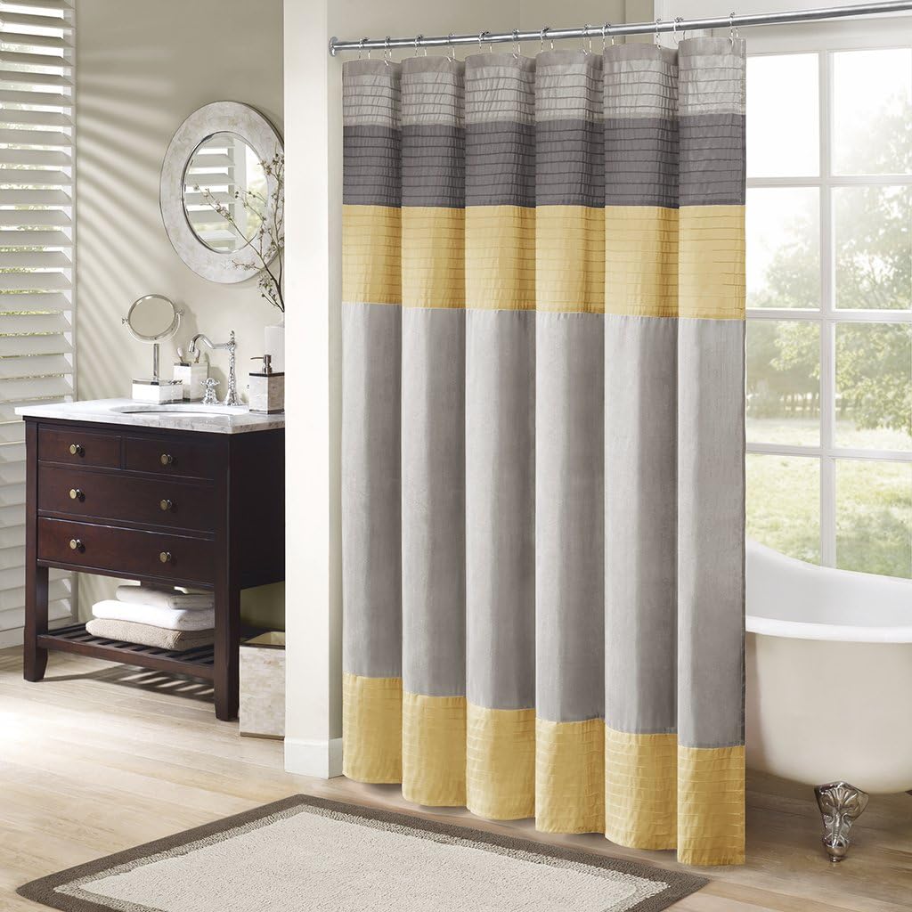 Madison Park Amherst Bathroom Shower Curtain Faux Silk Pieced Striped Modern Microfiber Bath Curtains, 72x72 Inches, Yellow : Home & Kitchen