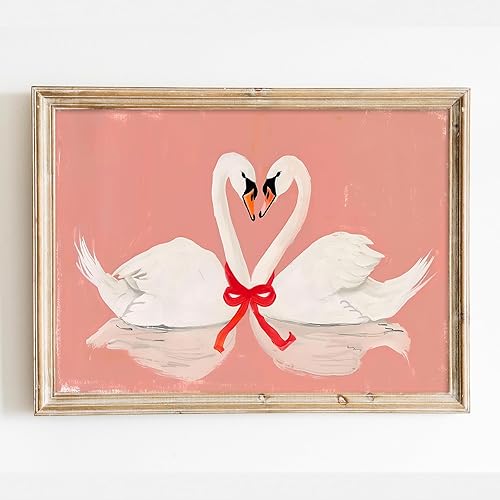 Swan Couple Painting Preppy Animal Posters Abstract Swan Wall Art Pink Animal Pi