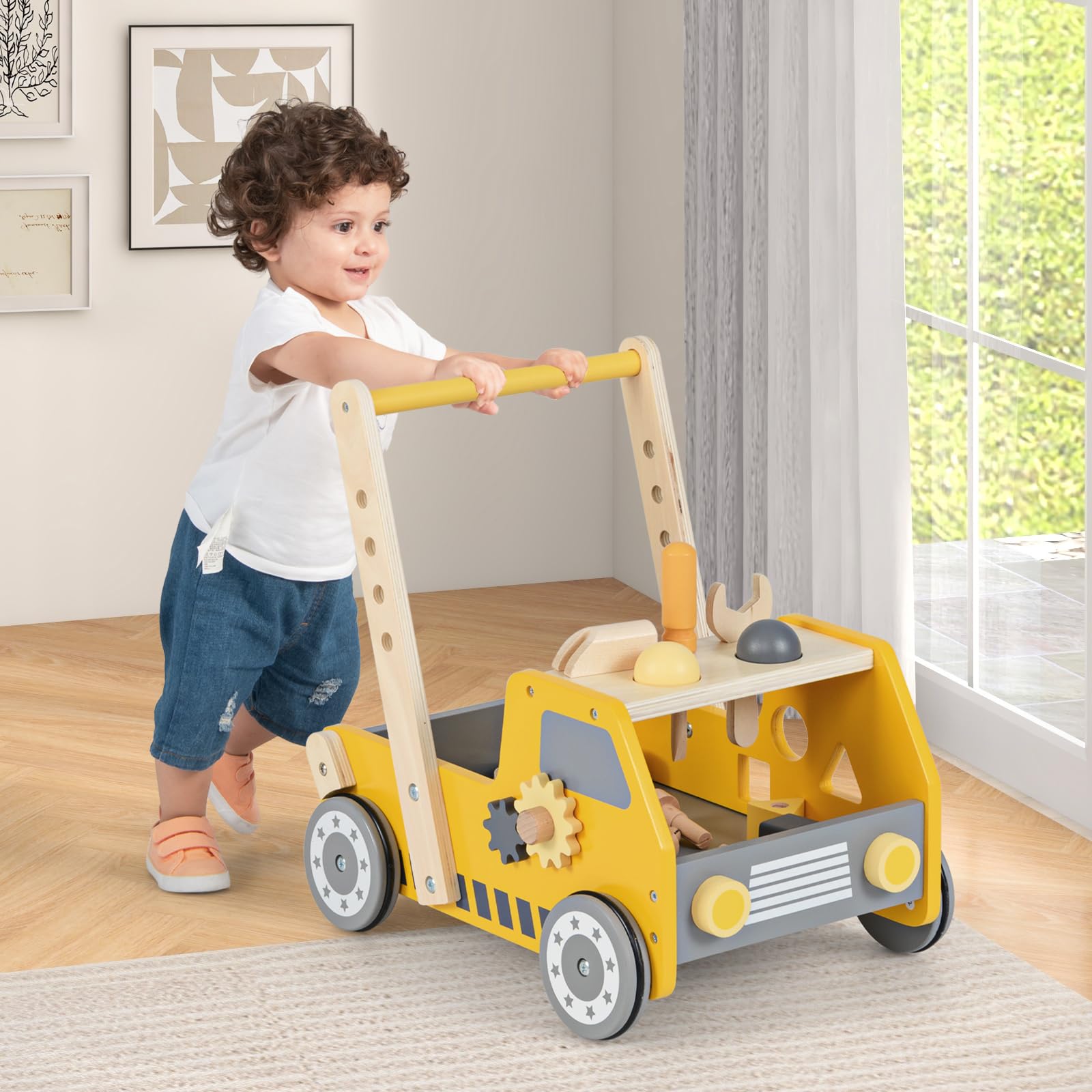 COSTWAY 2-in-1 Primi Passi per Bambini con Altezza Regolabile, Girello in Legno con Banco da Lavoro, Carrello da Spinta con Giocattoli Montessori, Velocità Regolabile, Spazio di Archiviazione