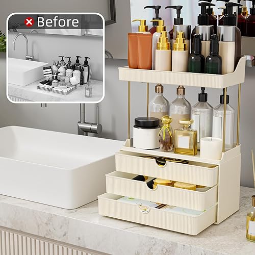 Miniatura 7 de Organizador de encimera de baño de 3 cajones, organizador de maquillaje de 5 niveles, organizador de perfumes versátil, ideal para almacenamiento en