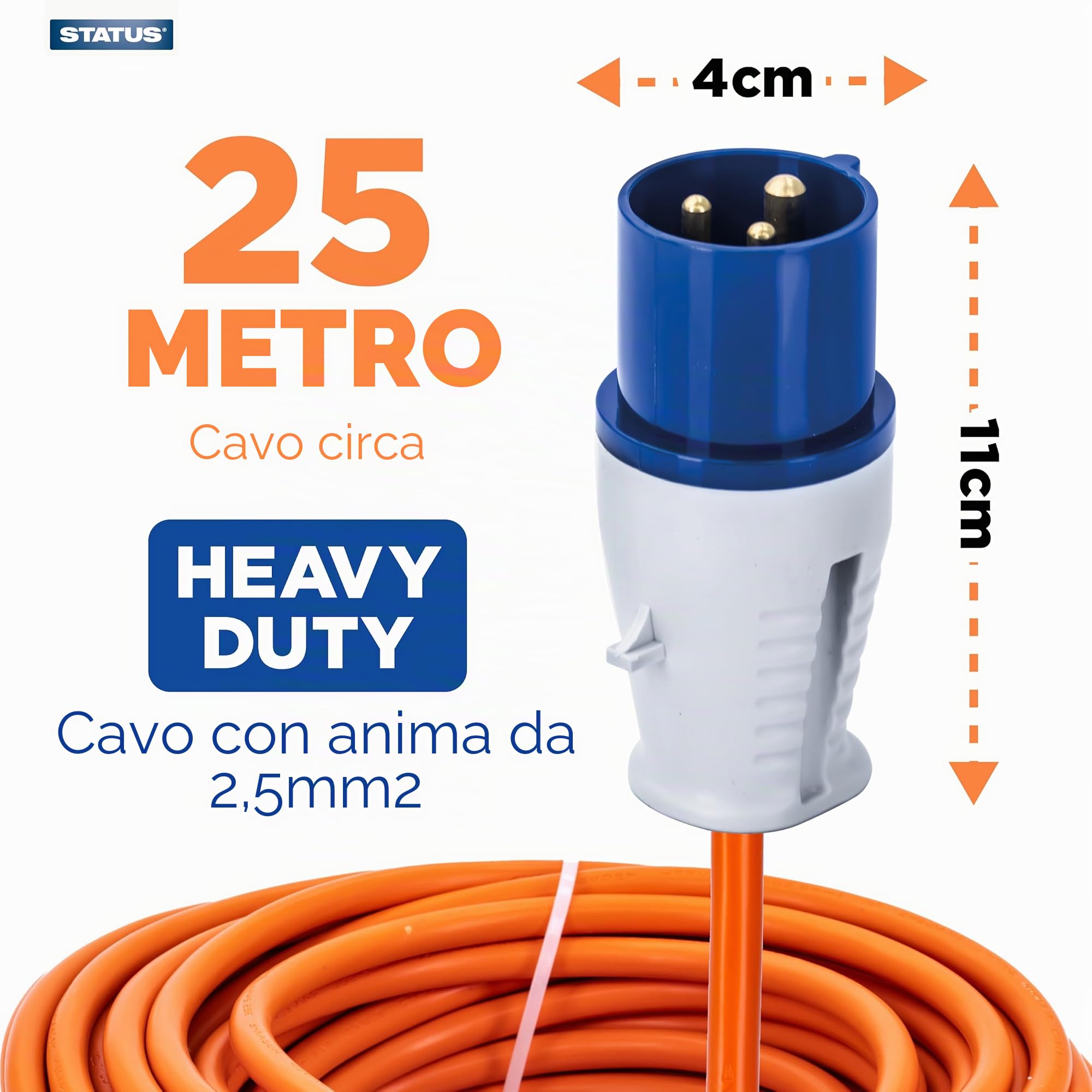 Status Cavo di prolunga resistente, 25 m, nucleo da 2,5 mm, 16 A/230 V, IP44 resistente alle intemperie, ideale per campeggio, roulotte, camper e cantieri (25M16A2.51PK4)