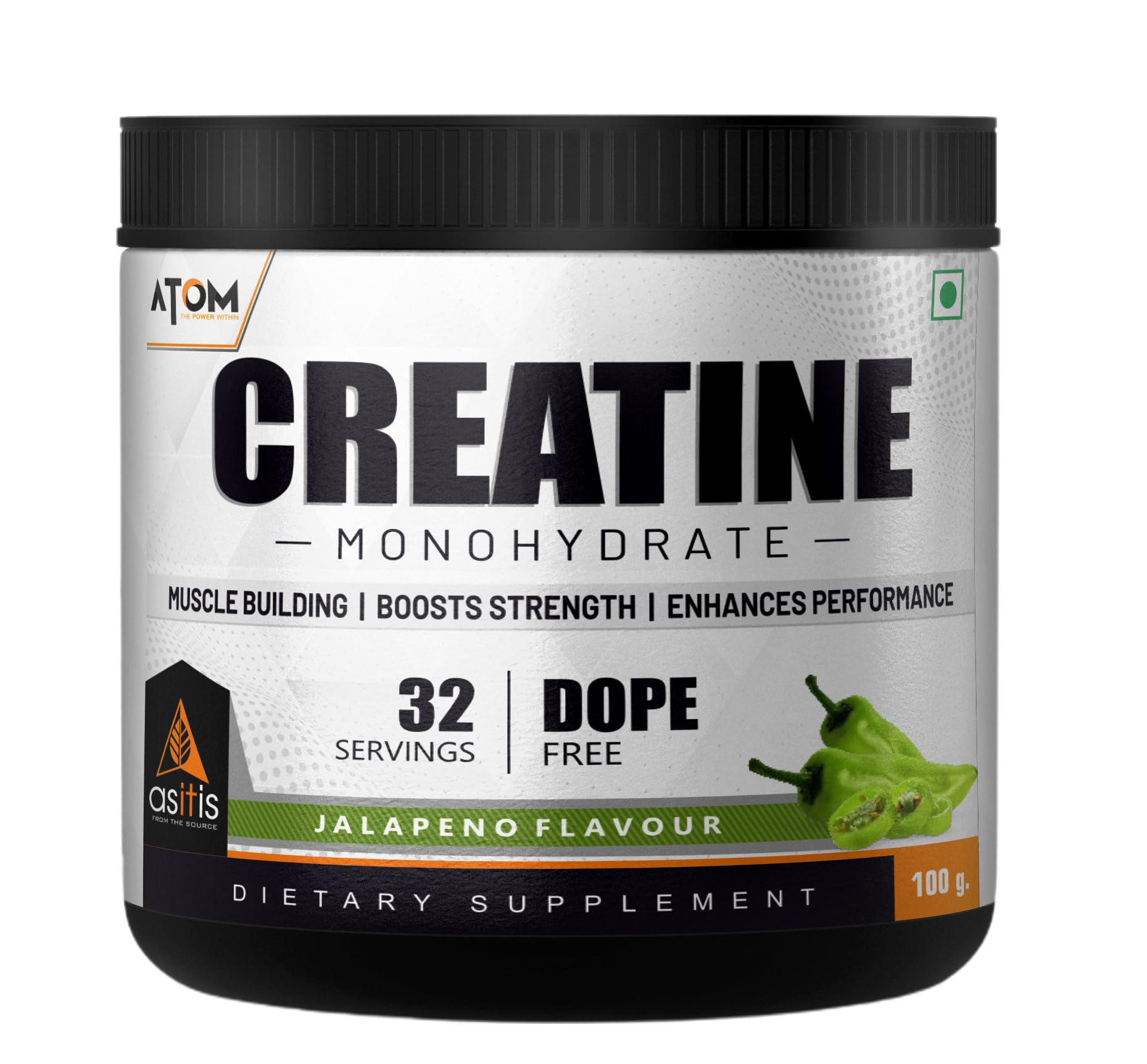 Asitis Nutrition ATOM Creatine Monohydrate 100g - 32 Servings, Jalapeno, Dope Free, Enhances Performance, Promotes Muscle Gains, powder, 1 count