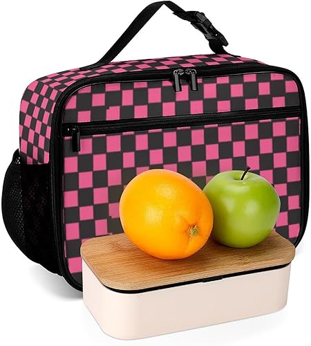 Miniatura 6 de Lonchera reutilizable a cuadros rosados, bolsa de almuerzo aislada, bolsa enfriadora, lonchera para comida y alimentos, bolsa de mano para mujeres,