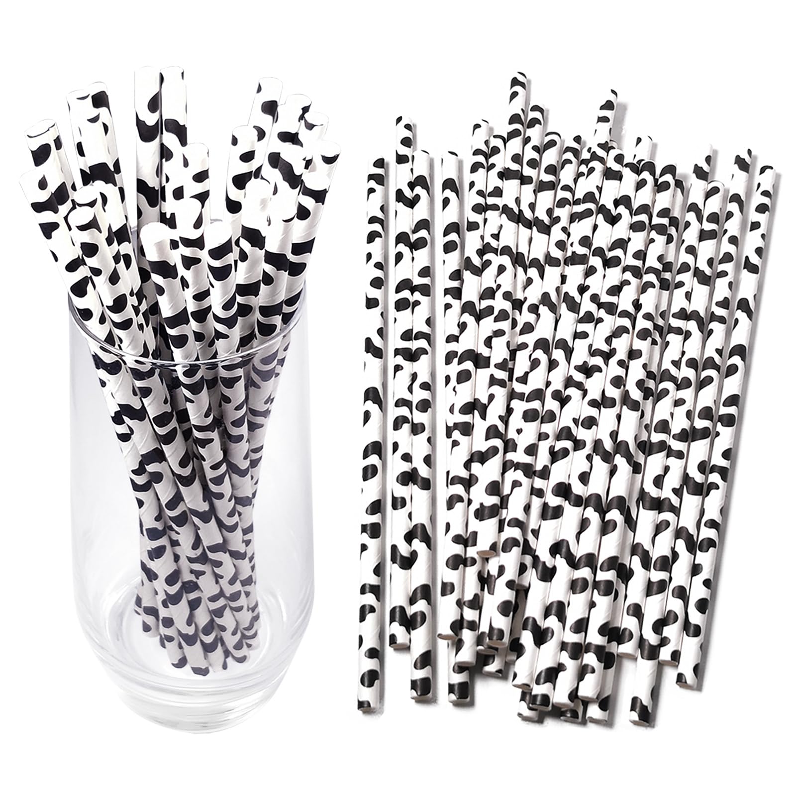 Cow Print Paper Straws Cowboy Straws Cow Party Favors Cowgirl Baby Shower Decorations Farm Birthday Party Supplies, Standard, Black/White