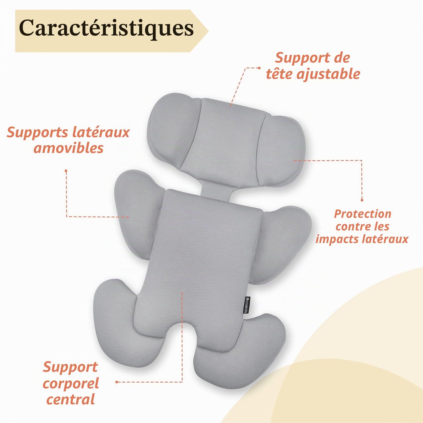 Innokids Insert de siège Auto pour bébé, Support de tête pour Nouveau-né, Doux et rembourré, Support latéral et tête Amovible pour sièges Auto, poussettes, balançoires (Gris Clair) | Doux et rembourré, tête amovible, support latéral pour sièges auto, pous