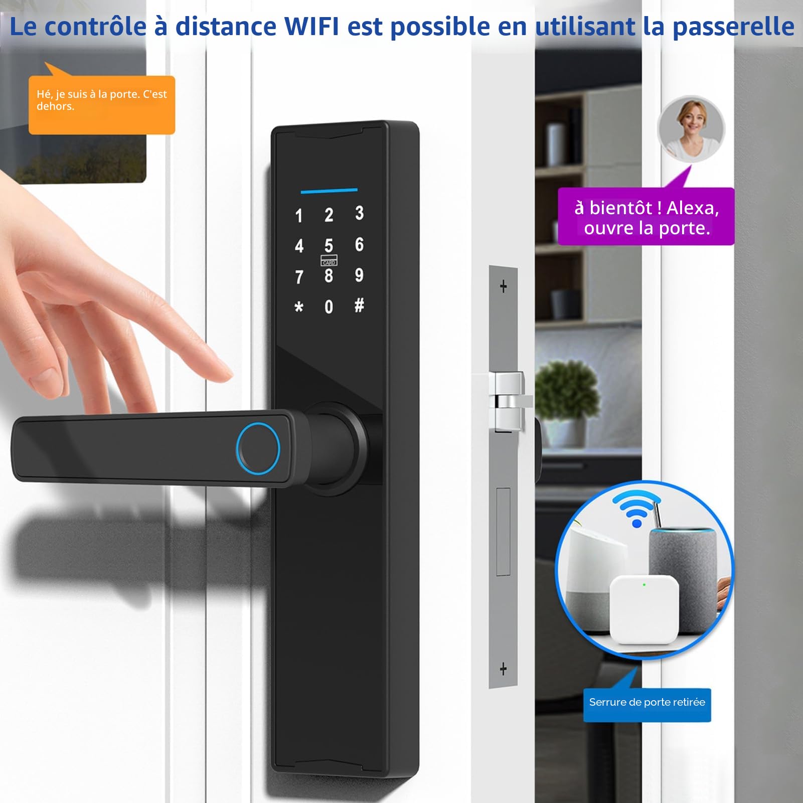Tuya Serrure de porte intelligente à empreintes digitales, serrure de porte intelligente en alliage d'aluminium, déverrouillage des empreintes digitales/cartes/clé/code