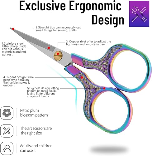Miniatura 6 de Tijeras artesanales de alta calidad con cuchillas extra afiladas de 5 pulgadas, ideales para coser, punto de cruz, con cubierta protectora..