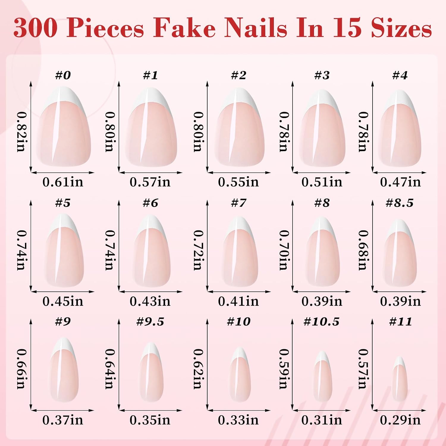 300pc White French Tips Press on Nails Short Almond Fake Nails with Glue Tabs, Short Nails Press ons Nail Almond Nude Pink Acrylic Nails French False Nail Artificial Fingernail 15 Sizes for Women