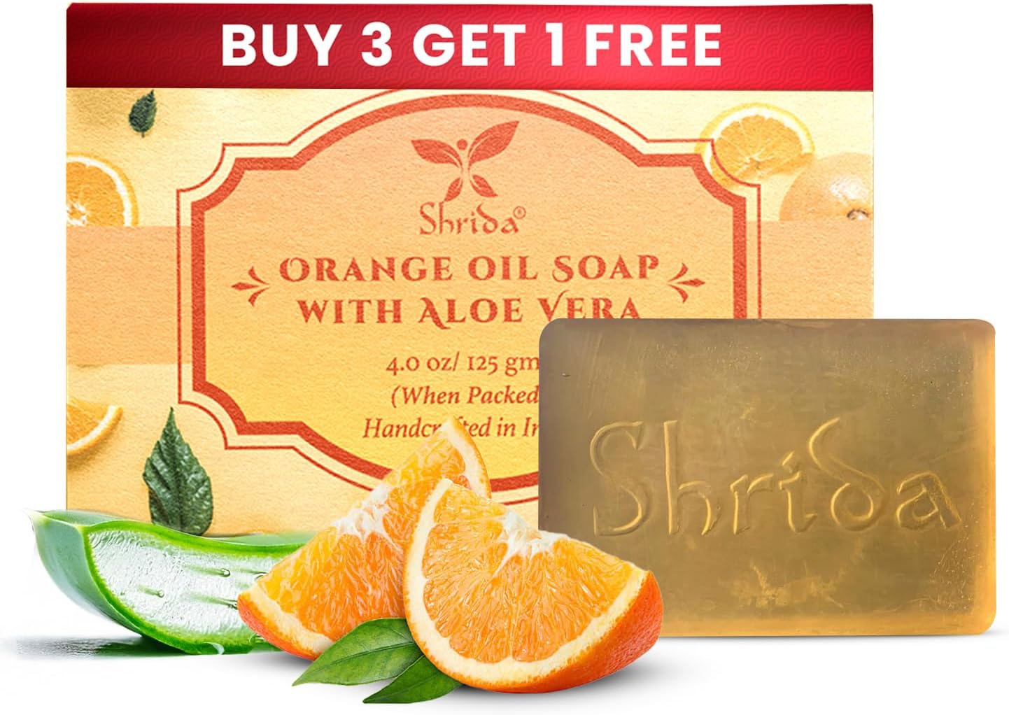 Orange Essential Oil Soap with Aloe Vera | Handmade Organic Herbal Soap with Natural Ingredients | Refreshing & Moisturizing, Sulfate-Free, Paraben-Free | 125g Each (Pack of 4)