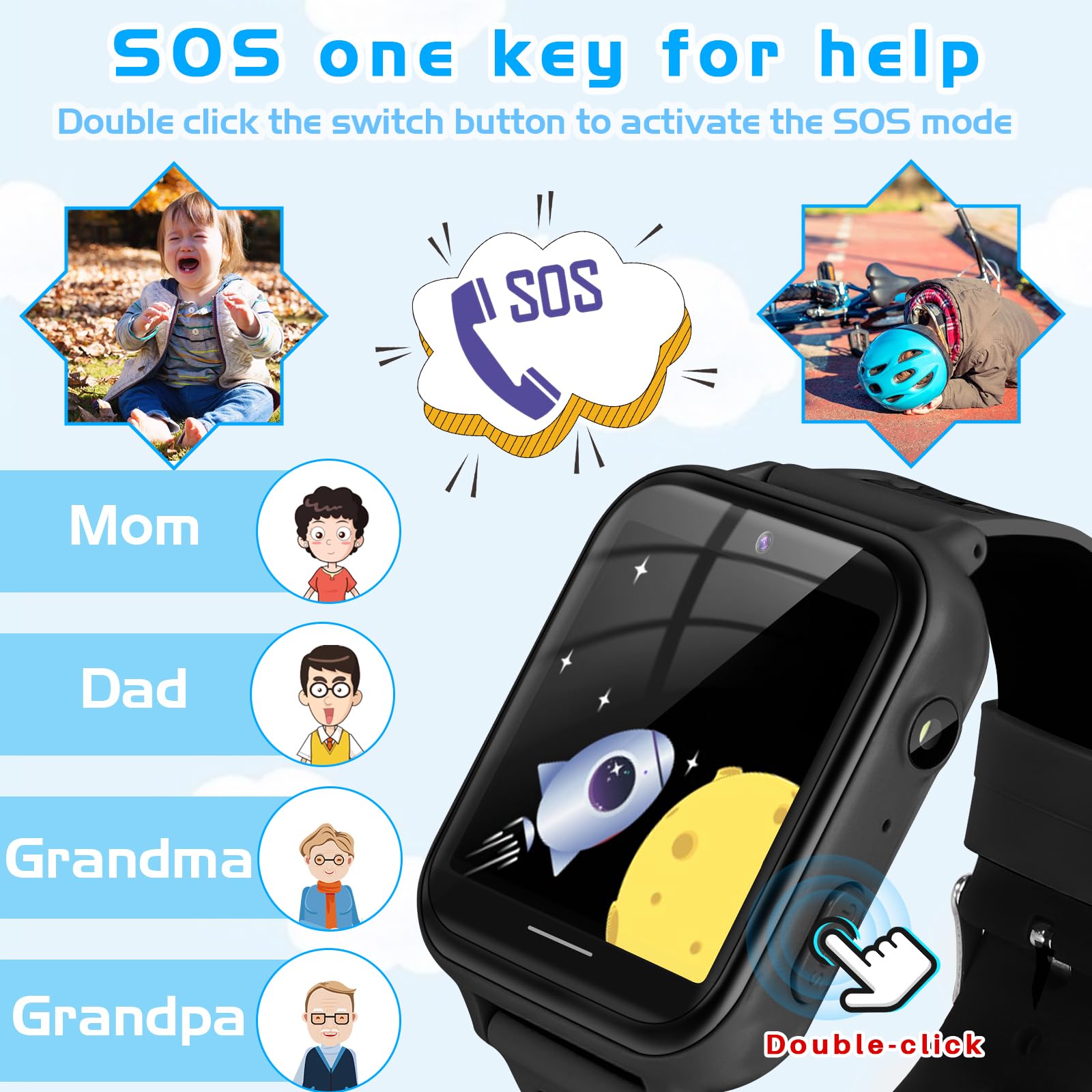 OKYUK 4G Smartwatch Kinder mit Telefon und GPS, Videoanrufe/Voice Chat/SOS/Schulmodus/SMS/Wecker, Kinder Smartwatch mit Schrittzähler Schlafen, Geschenk für Mädchen Junge (A2 Schwarz)