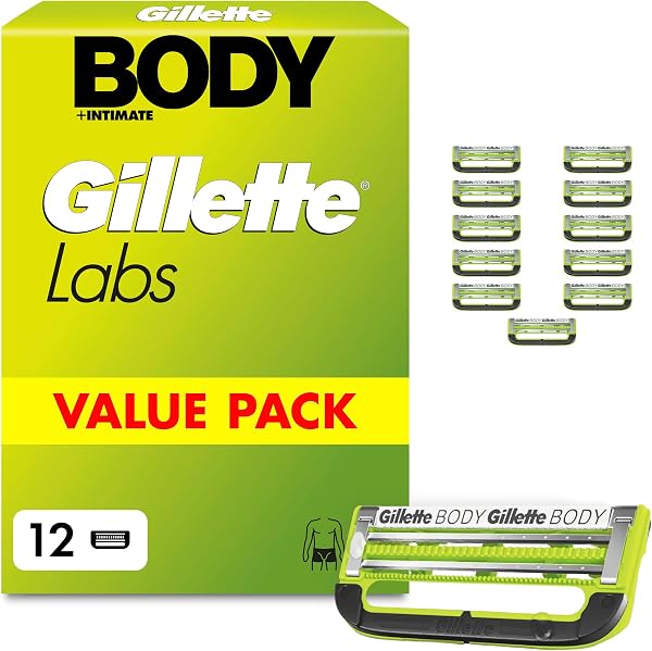 GilletteLabs Body + Intimate Razor Blade Refill Cartridges, 2 Blades and Precision Trimmer, Anti-ingrown Bar, Anti-irritation Bar, Long-lasting Lubrastrip, 12 Cartridges - 1