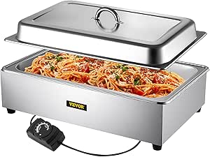 VEVOR Commercial Food Warmer, Full-Size 1 Pot Steam Table with Lid, 9.5 Quart Electric food Warmers, Grade Stainless Steel Bain Marie Buffet Equipment, Fits 21 x 13.2 Pan, 400W, for Restaurant, Sliver