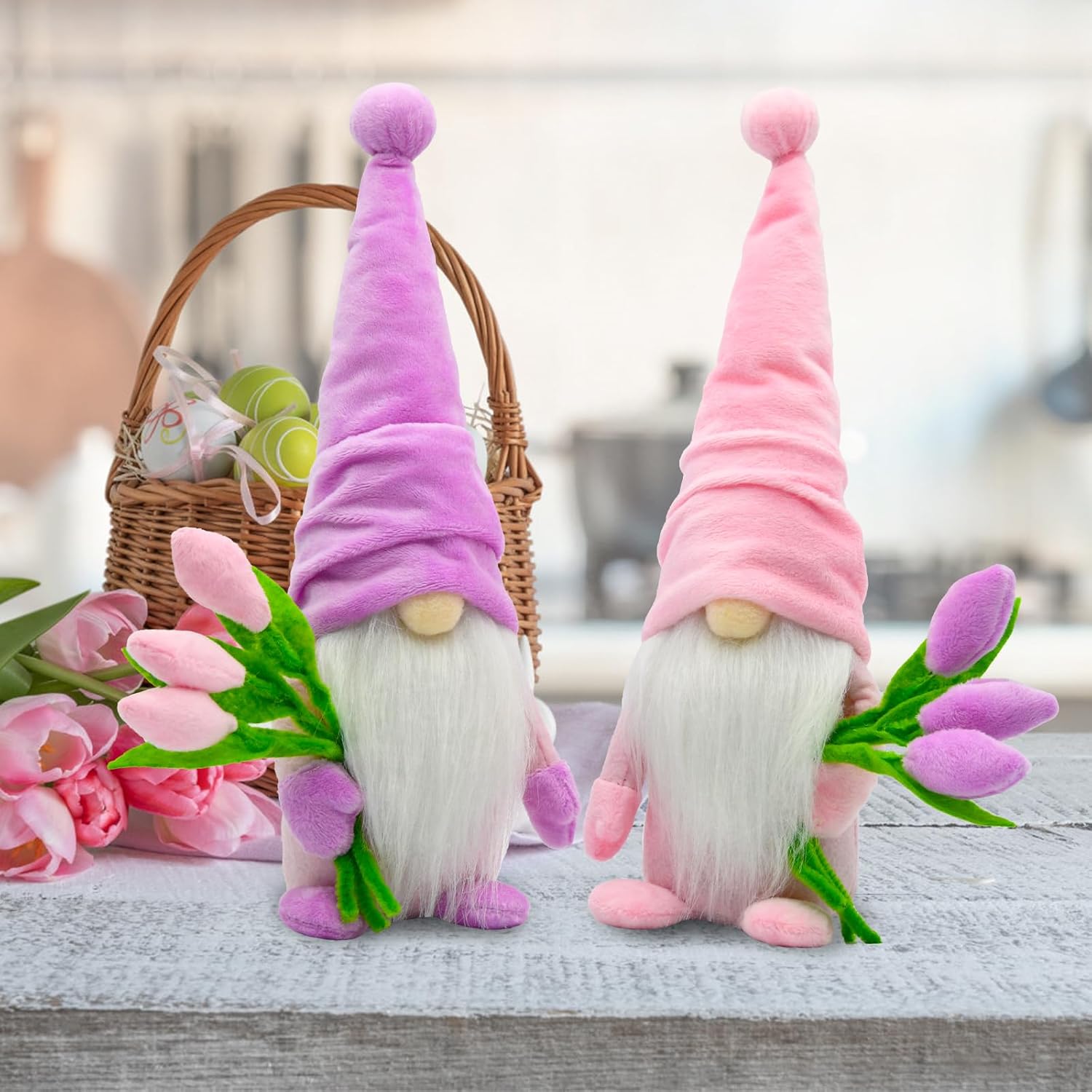 Tulip Gnomes Spring Decor Indoor- Mothers Day Decorations Gifts Gnome Plush for Kitchen, Tiered Tray or Shelf- Spring Farmhouse Decor