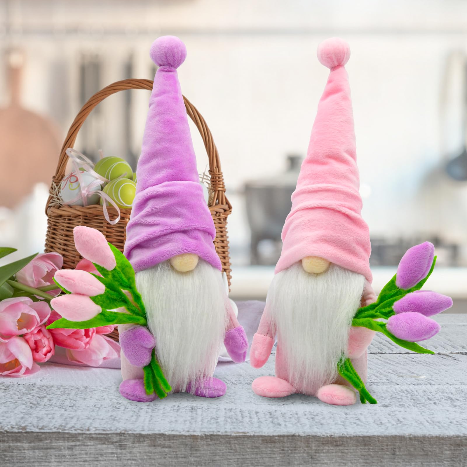 Tulip Gnomes Spring Decor Indoor- Mothers Day Decorations Gifts Gnome for Kitchen, Tiered Tray or Shelf- Spring Farmhouse Decor