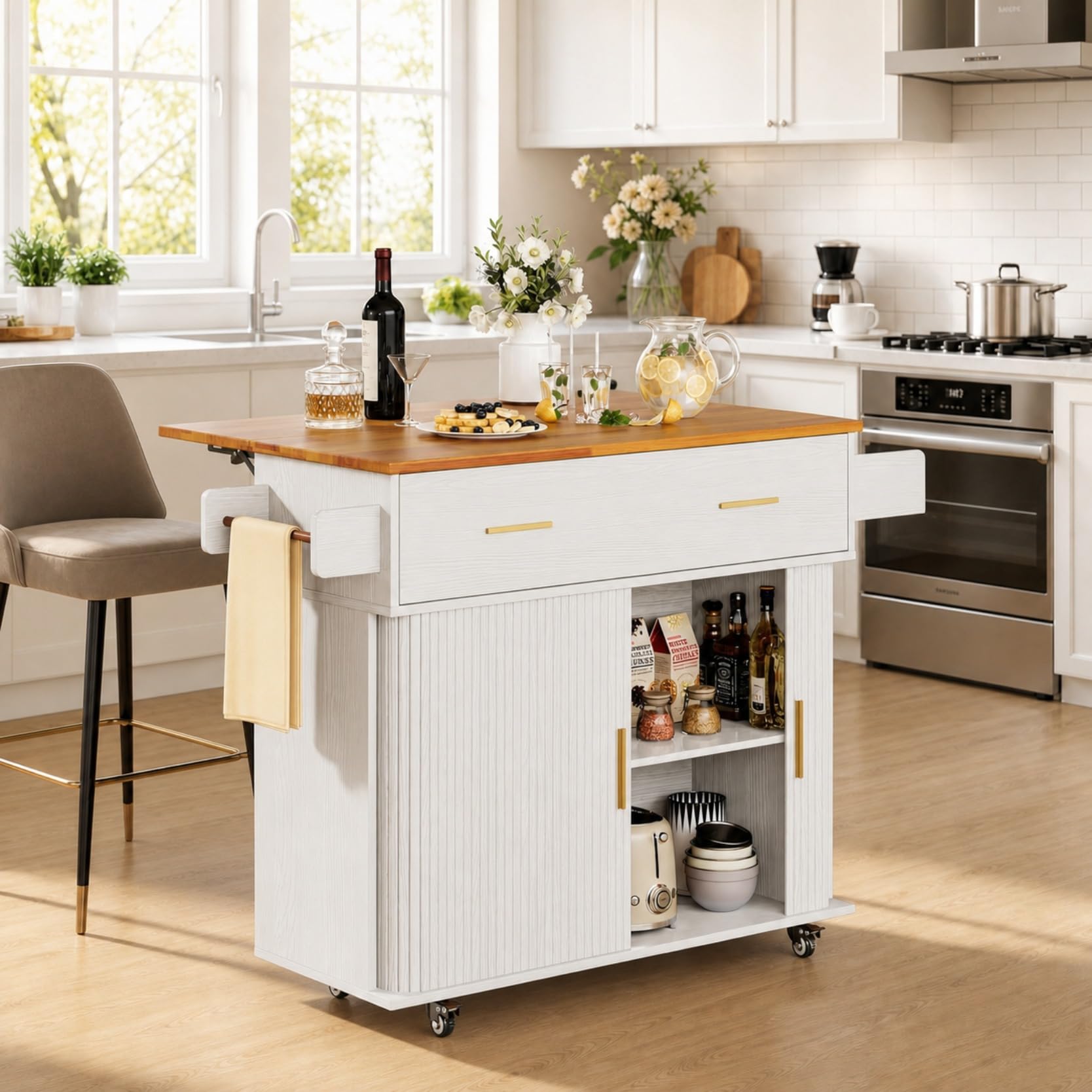 DHH Rolling Kitchen Island with Drop Leaf Countertop&amp;Ample Storage - 39.4" Small Mobile Kitchen Cart On Wheels with Sliding Door,Drawers,Spice Rack &amp; 2-Tier Storage(Grayish White)