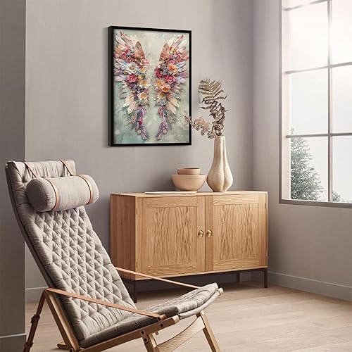 Miniatura 4 de Lienzo enmarcado abstracto con alas de ángel y flores, arte para pared, póster romántico de galería, elegante, plumas, decoración de pared,