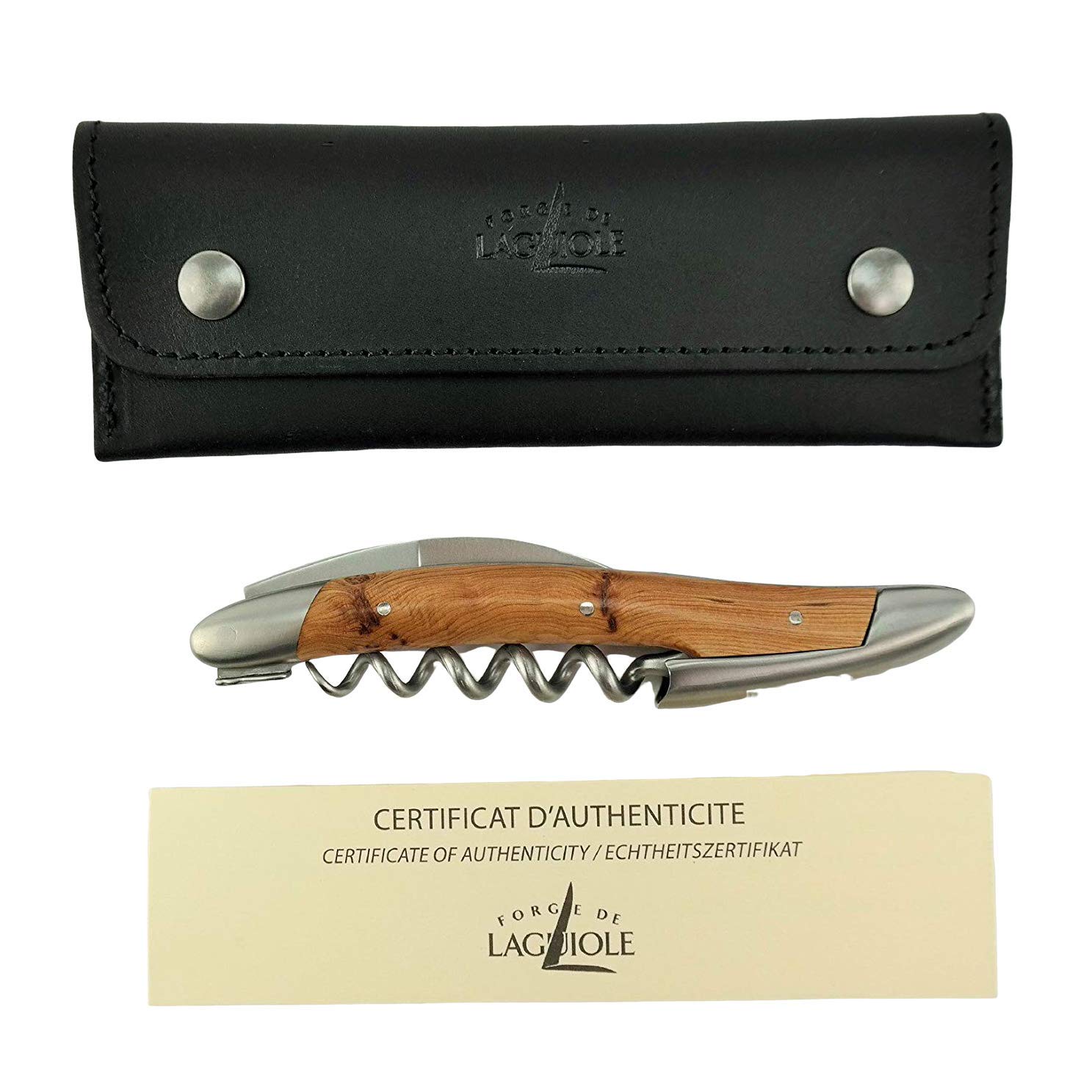 Forge de Laguiole Kellnermesser Sommelierbesteck - Griff Wacholder - Edelstahl matt inox+schwarzes Lederetui+Schneidebrett aus Fassholz (Eiche) 25x15 cm