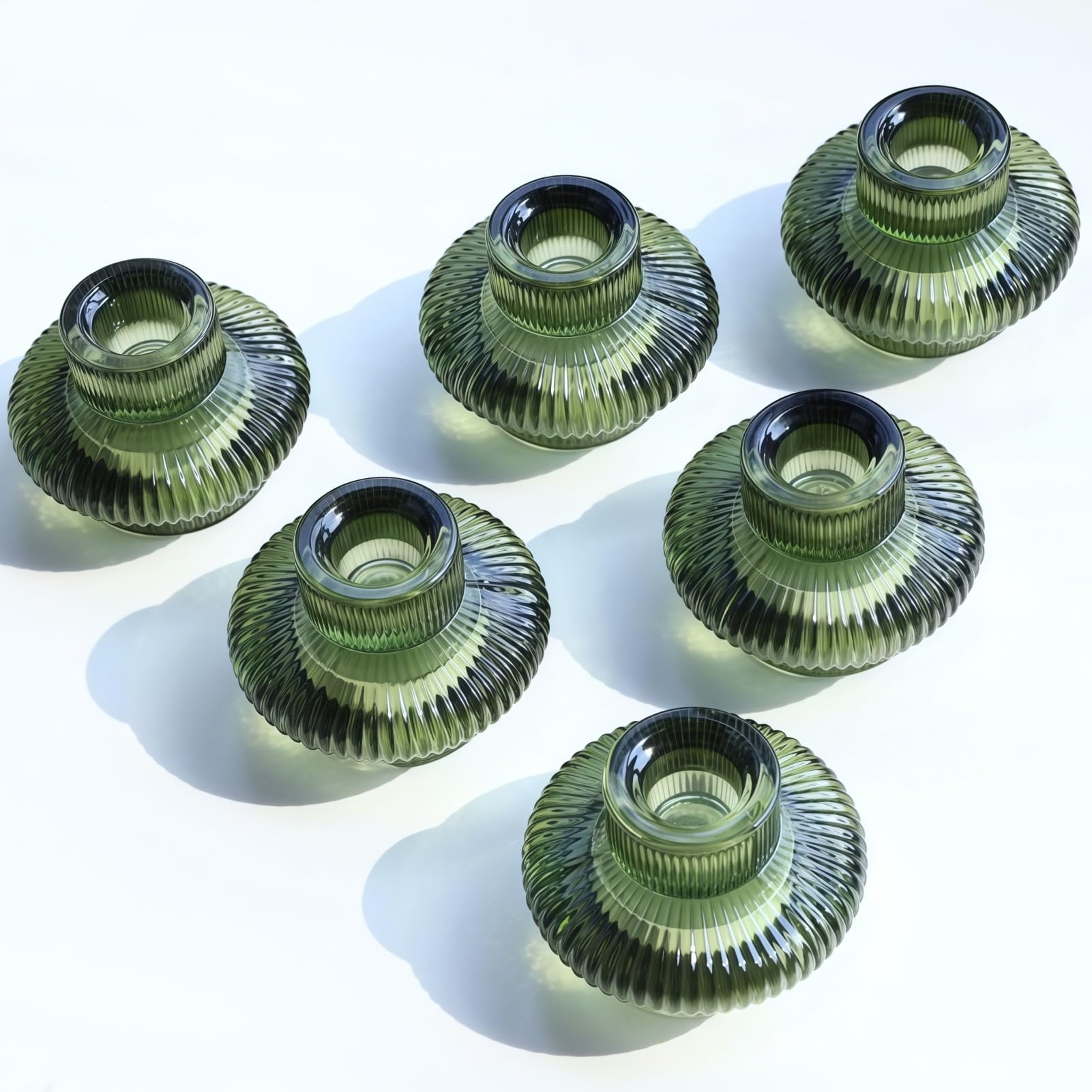 Vohocandle Green 6 Pcs Candlestick Holders For Taper Candles & Tealights, Ribbed Candle Sticks Holders For Table Centerpiece, Tealight Holders For Christmas, Valentines Day, Wedding, Party