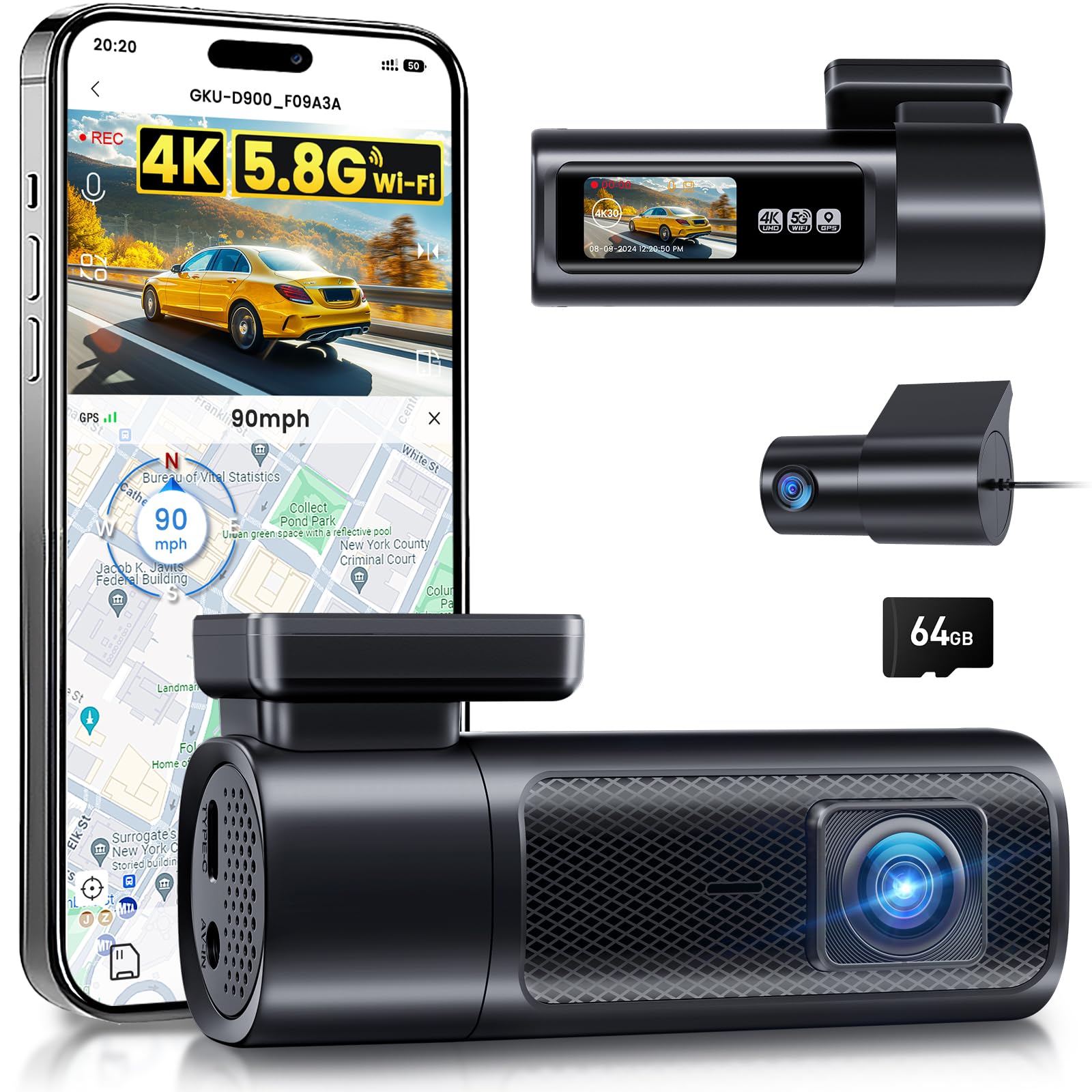 4K Dash Cam Auto, 5G WiFi Telecamera per Auto con SD 64G, Schermo IPS da 1.47', GPS, Super Visione Notturna, G-Sensor, Registrazione in Loop, WDR, 360° Rotabile,Max 512 GB