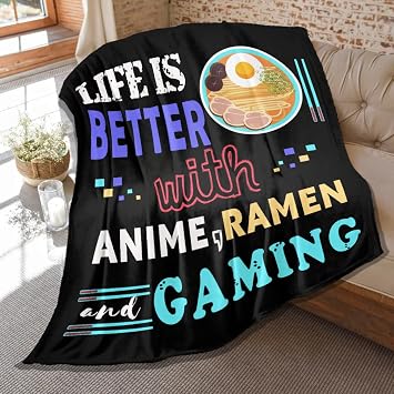 Anime Throw Blanket, Ramen Noodle Blankets,Life is Better with Gaming Gifts for Teen Boys Men Gamer Ramen Anime Lovers,Soft Lightweight Plush Flannel Game Themed Quilt,50 in x 40 in